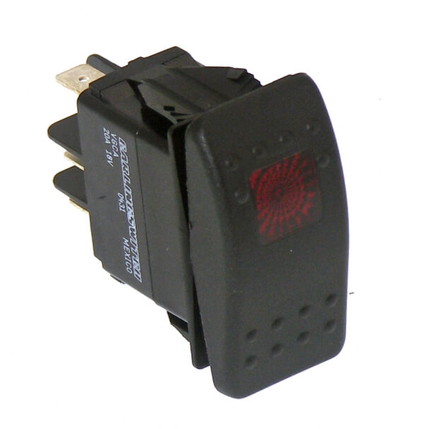 DISCONTINUED – Black Paddle Type Rocker Switch, LED Pilot Light, 20 Amps, 12 Volt, Off/On/On 5 Prong