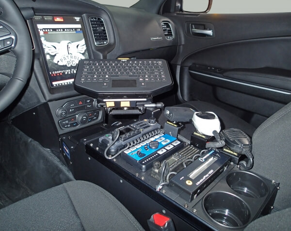 DISCONTINUED – Vehicle-Specific 18″ Console for 2016-2020 Dodge Charger Pursuit with 12.1″ Screen and Mini OEM Console