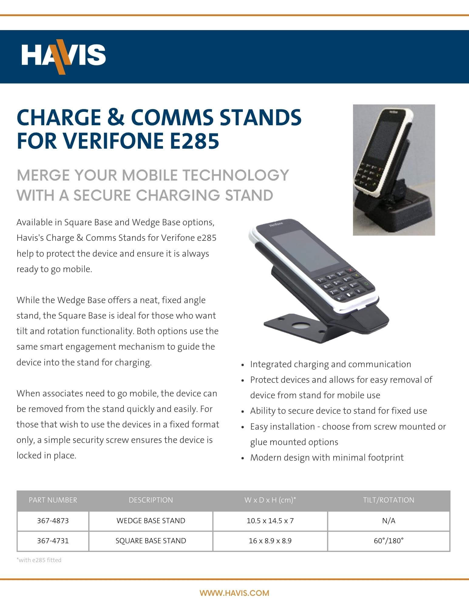 Charge & Comms Stands for Verifone e285 Datasheet