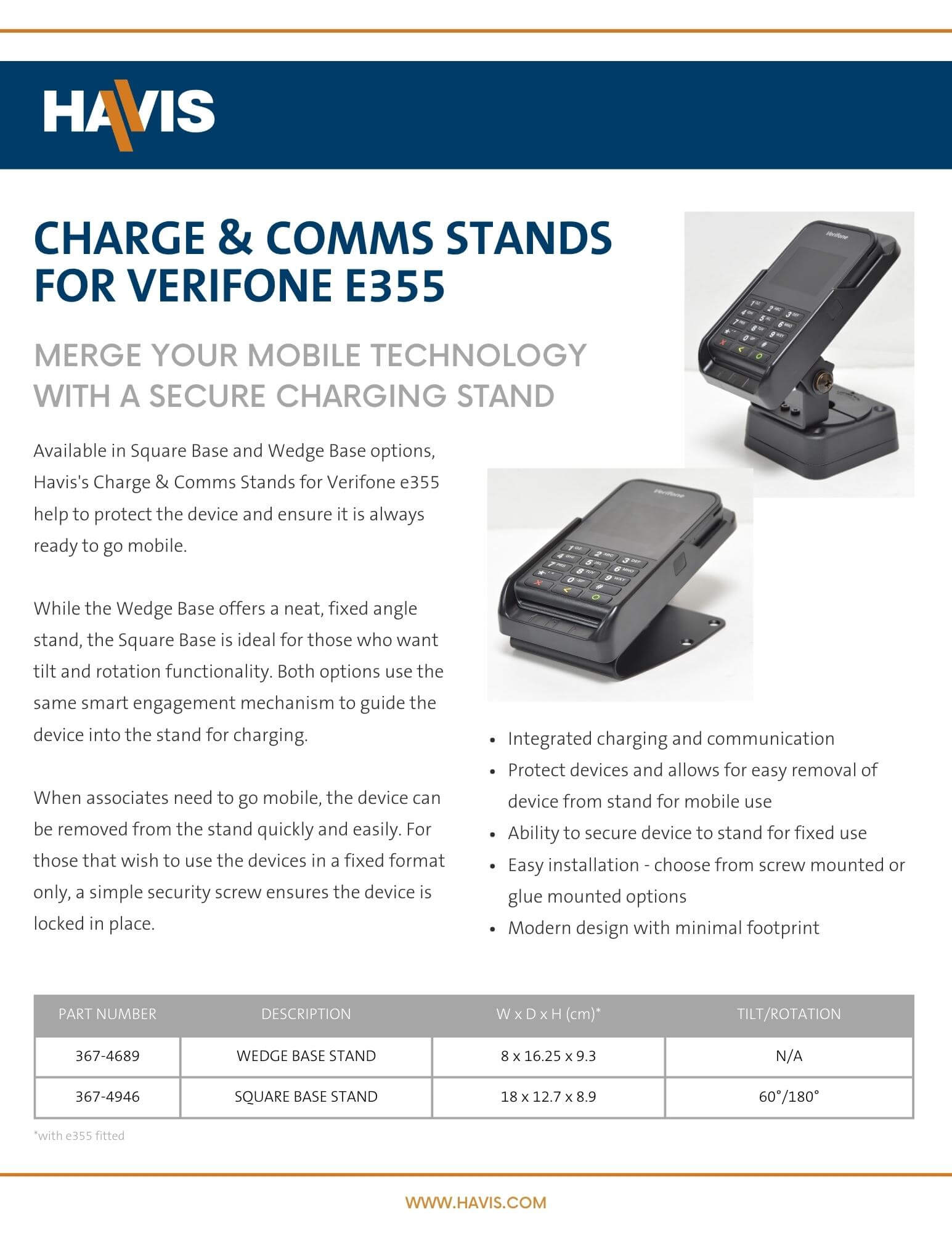Charge & Comms Stands for Verifone e355 Datasheet