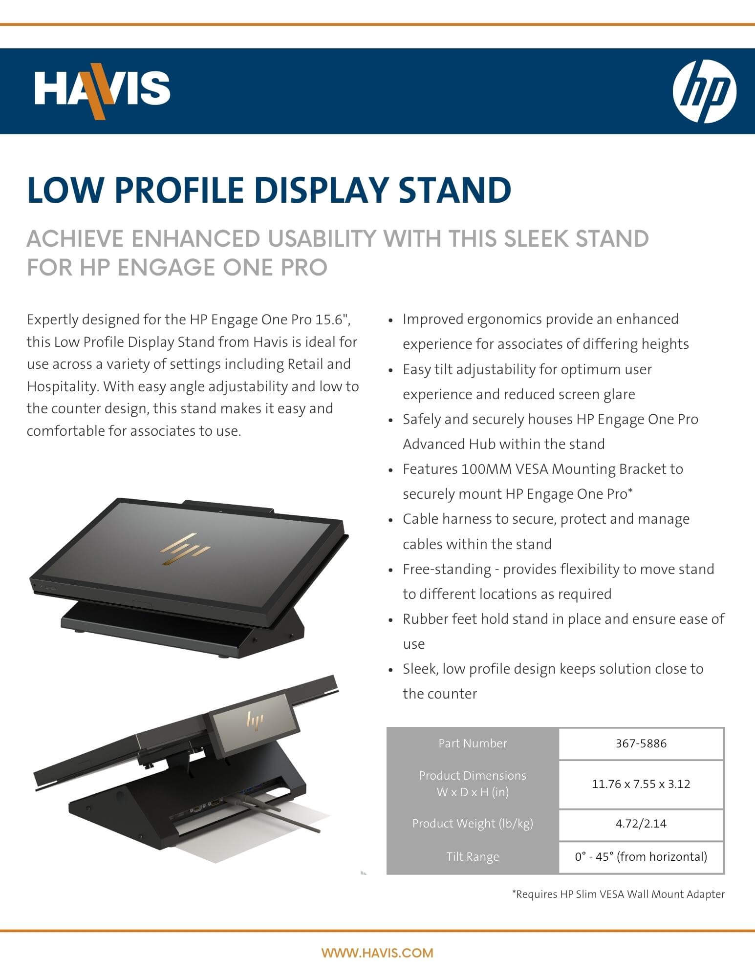Low Profile Display Stand for HP Engage One Pro Datasheet