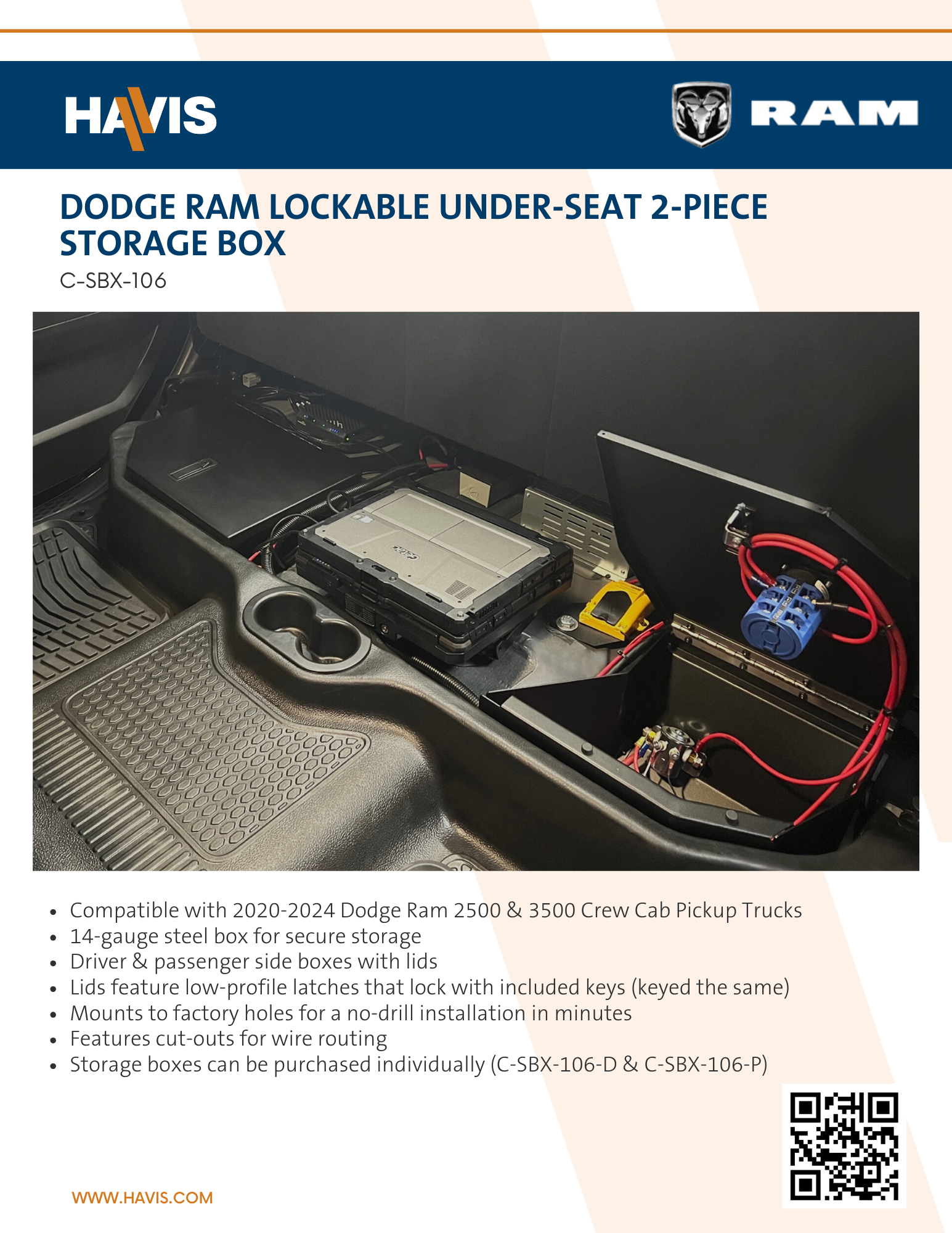 2020-2024 Dodge Ram Lockable Under-Seat 2-Piece Storage Box